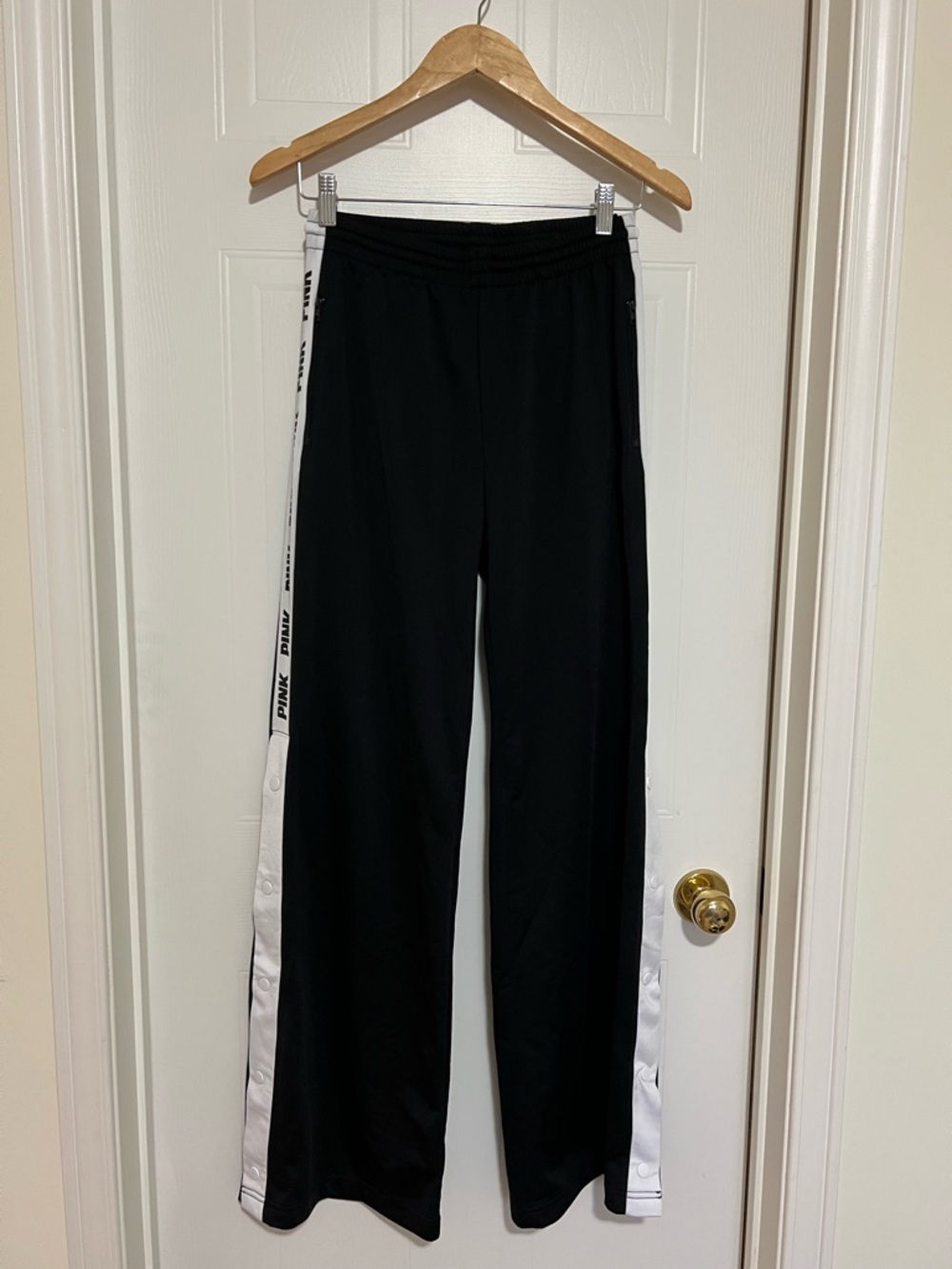 BNWT- PINK Victoria's Secret Black Track Joggers with White Side Panels w/ Snaps
